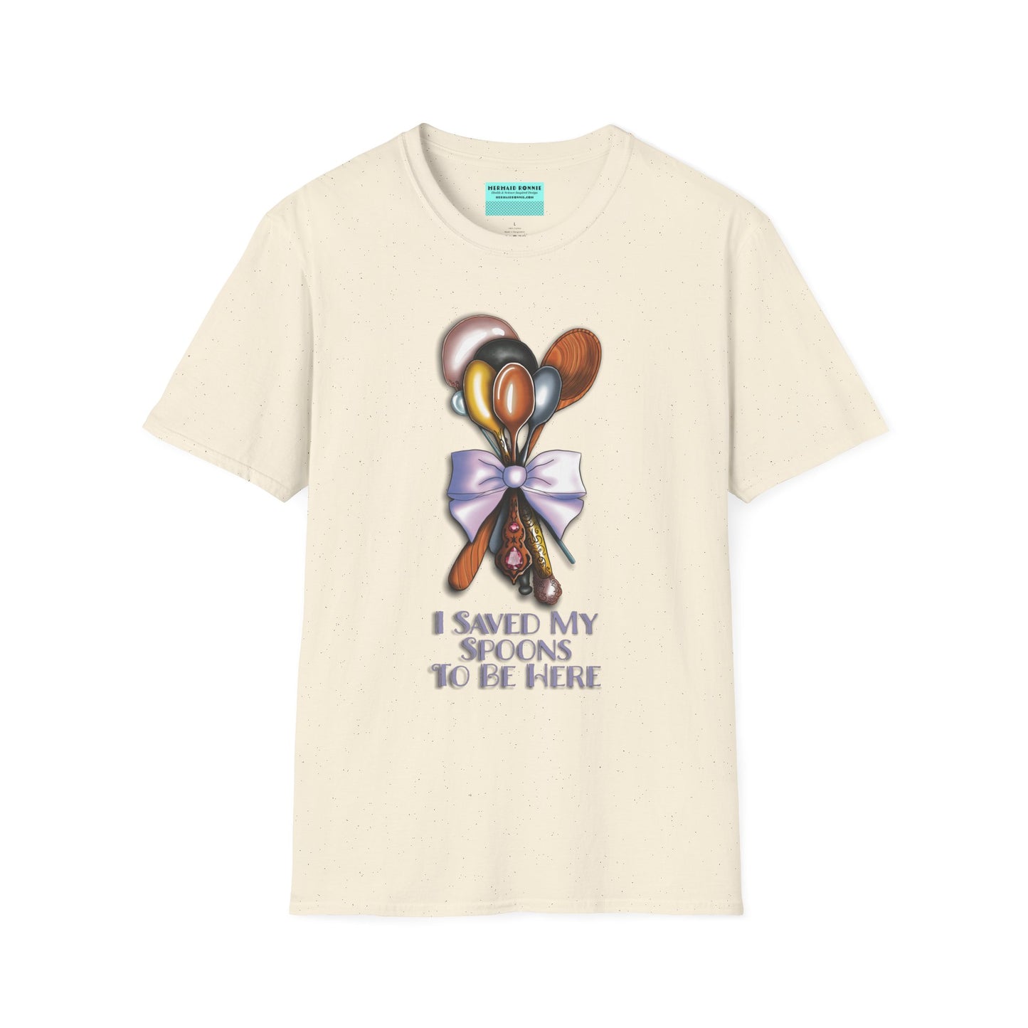Beige t-shirt with an illustration of a bouquet of spoons and the phrase 'I saved my spoons to be here' printed on the front.