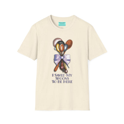 Beige t-shirt with an illustration of a bouquet of spoons and the phrase 'I saved my spoons to be here' printed on the front.