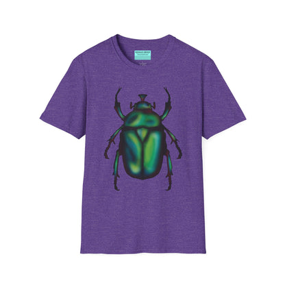 Purple t-shirt featuring an illustration of a June bug (green chafer beetle) across the chest.