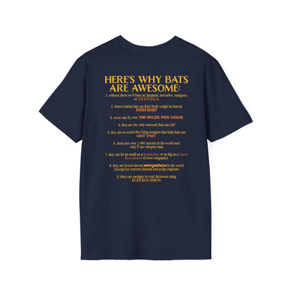 Back of a navy t-shirt that reads “Here’s why bats are awesome,” followed by a fun list of 9 bat facts—because who doesn’t want wearable proof that bats are the underrated rockstars of the animal kingdom?