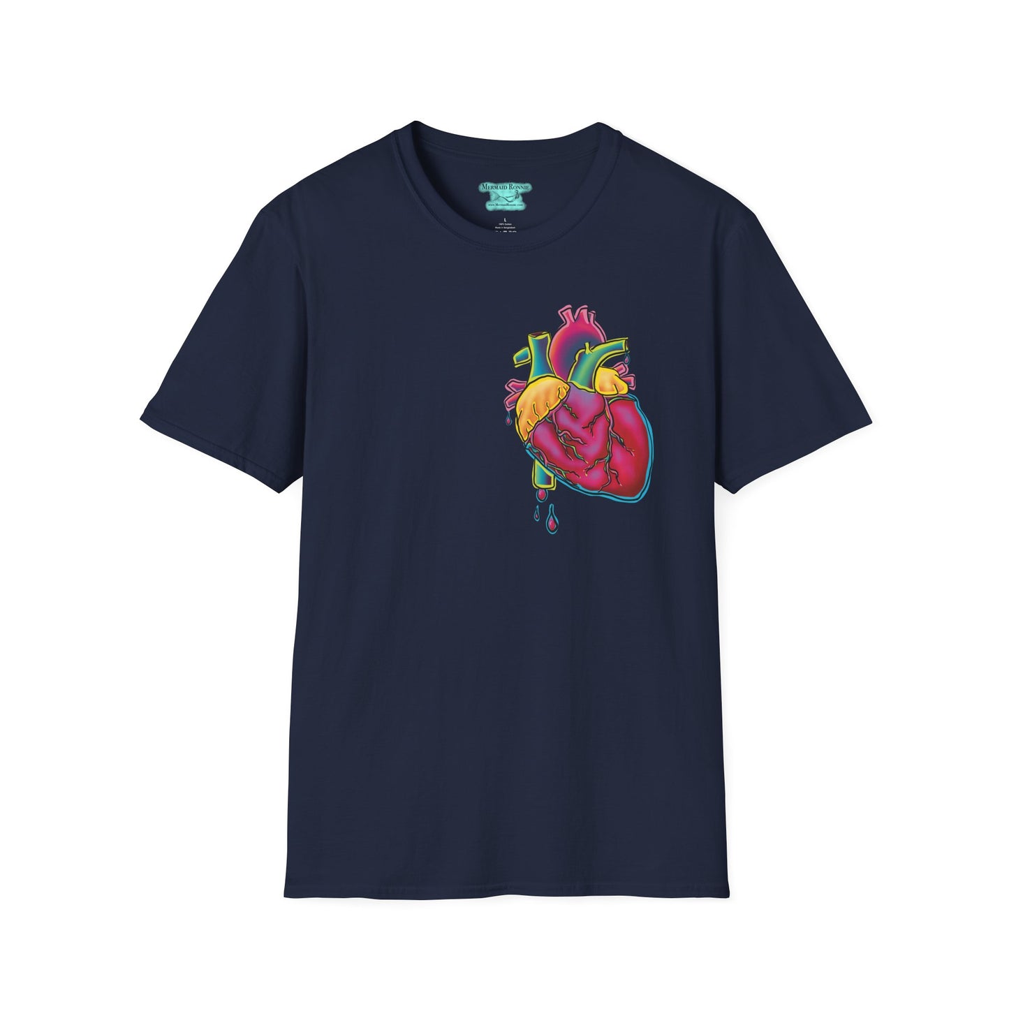 Anatomical Heart Graphic Tee, Neon Heart with Blood Dripping, Adult Unisex Short Sleeve Tee