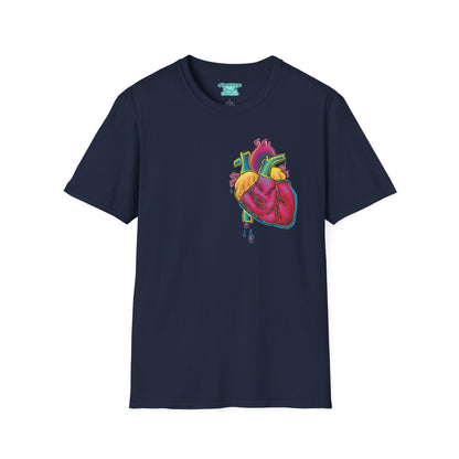 Anatomical Heart Graphic Tee, Neon Heart with Blood Dripping, Adult Unisex Short Sleeve Tee