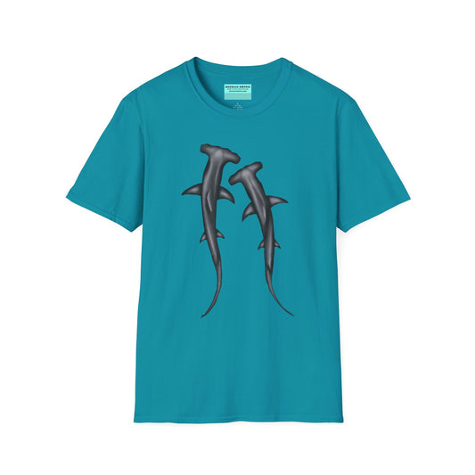 Galapagos blue t-shirt featuring an illustration of two hammerhead sharks.