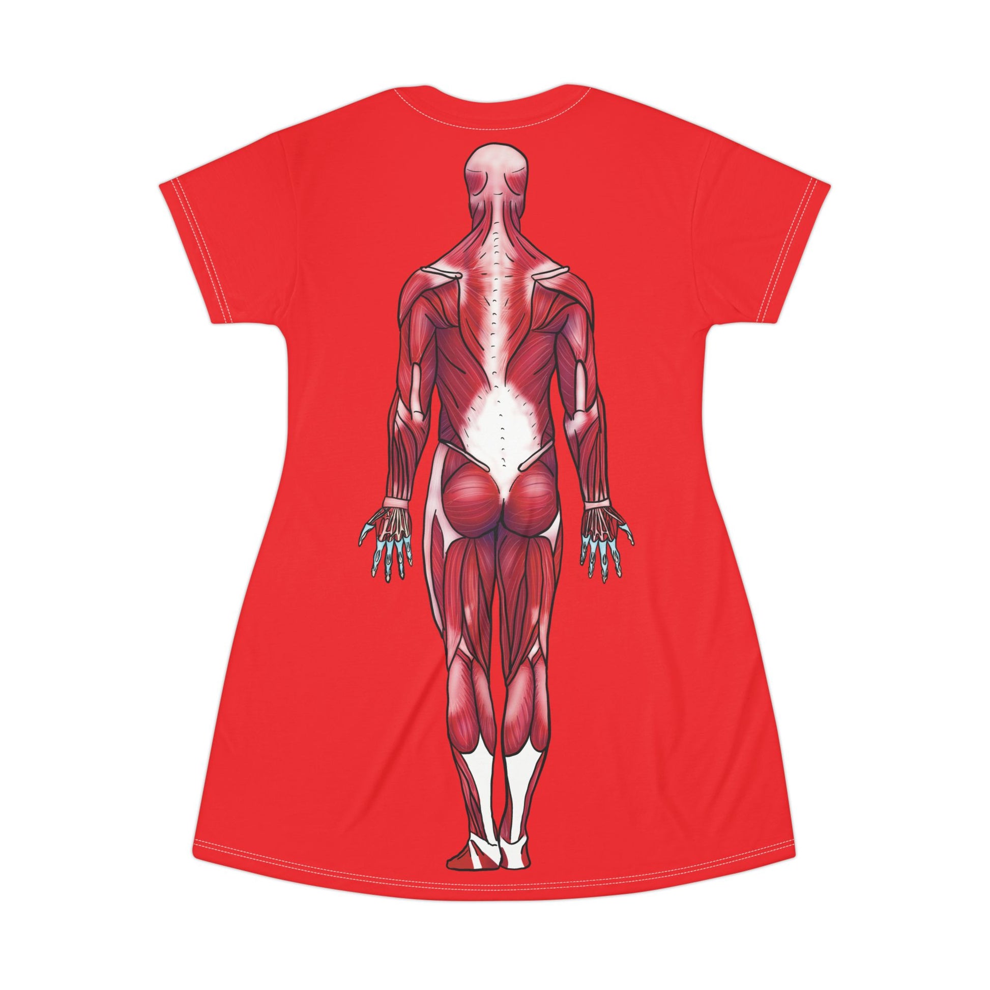Red t-shirt dress flaunting fierce anatomy—features a posterior muscular system diagram back and center, because who needs armor when your muscles are this on point?