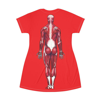 Red t-shirt dress flaunting fierce anatomy—features a posterior muscular system diagram back and center, because who needs armor when your muscles are this on point?