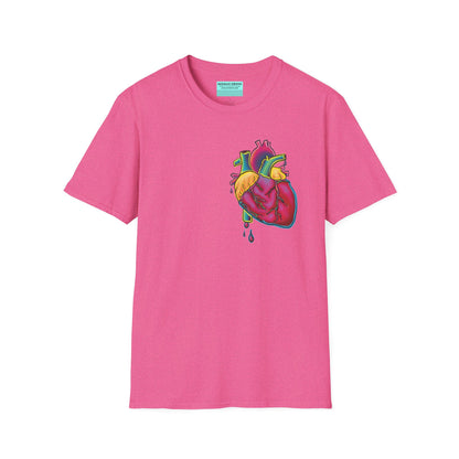 Pink unisex short sleeve t-shirt featuring a bold neon anatomical heart front and off-center, complete with dripping blood vessels—because nothing says “wear your heart on your sleeve” like wearing it smack on your chest in highlighter tones.