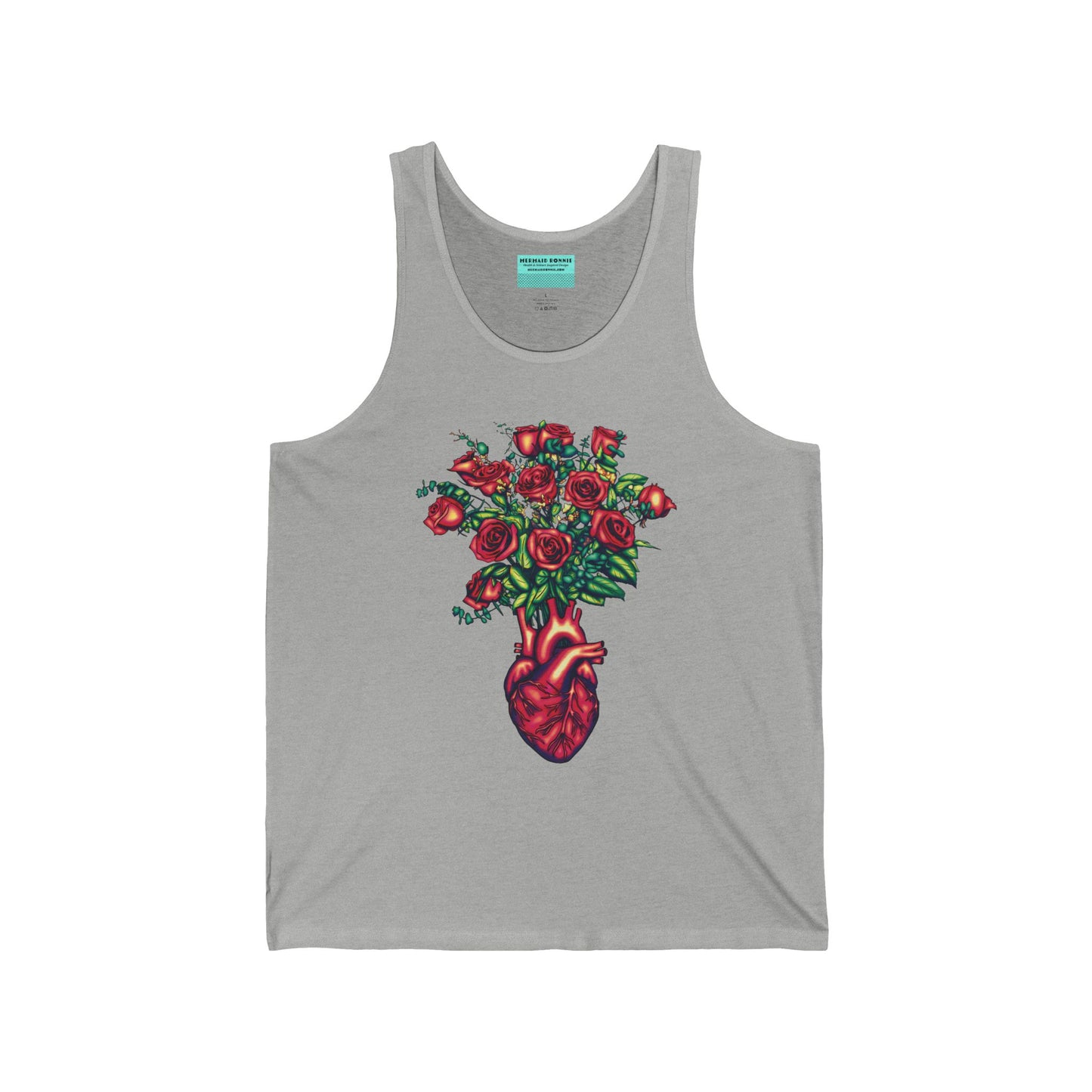 Grey unisex tank top featuring an illustration of an anatomical heart used as a vase, with a bouquet of red roses blooming from the top.