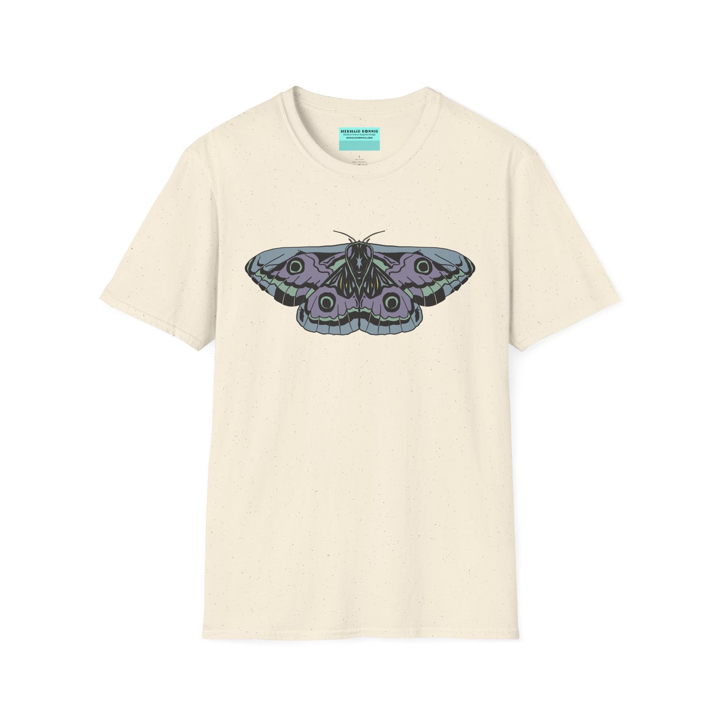 Beige t-shirt featuring a drawing of a blue and purple moth.