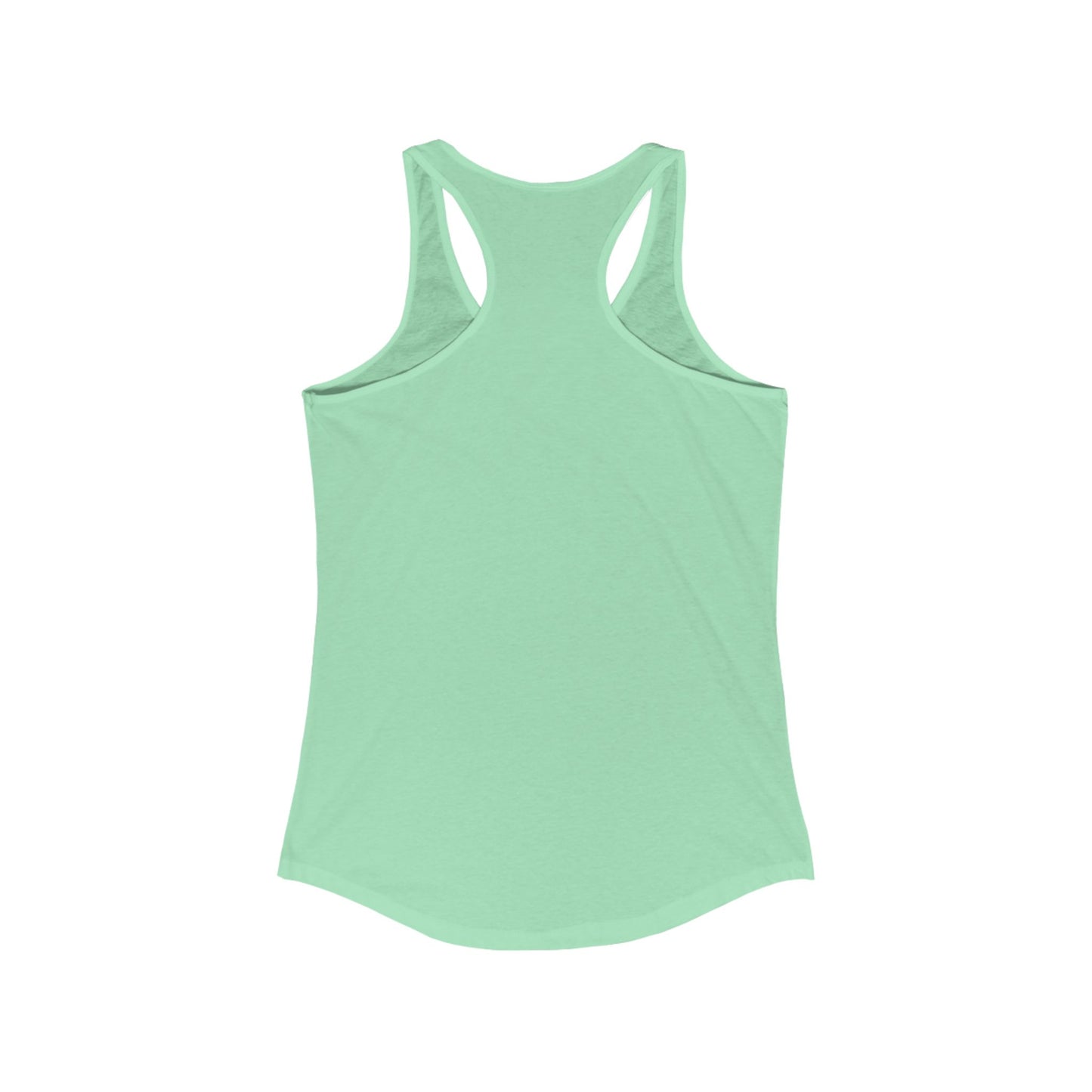 The back view of a mint green blue women's racerback tank top