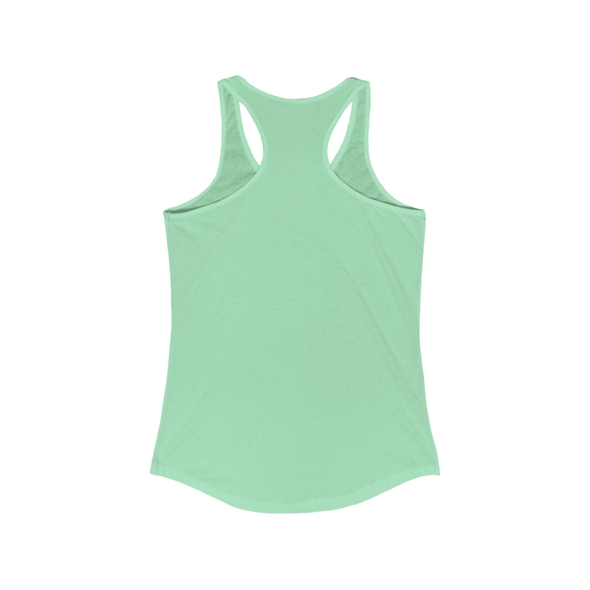 The back view of a mint green blue women's racerback tank top