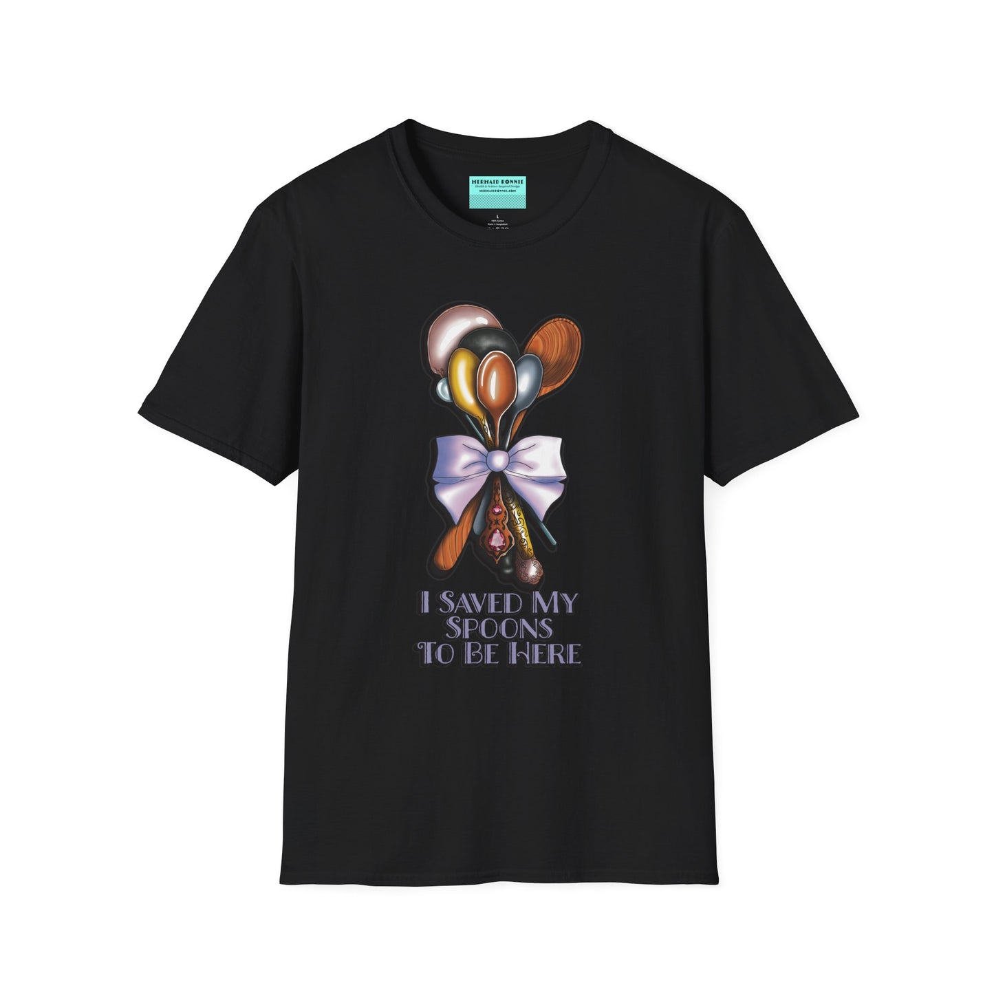 Black t-shirt with an illustration of a bouquet of spoons and the phrase 'I saved my spoons to be here' printed on the front.