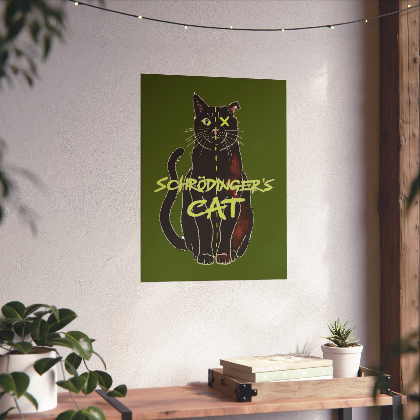 Schrodinger's Cat Art Print Poster, Green Physics Poster, Black Cat Wall Art