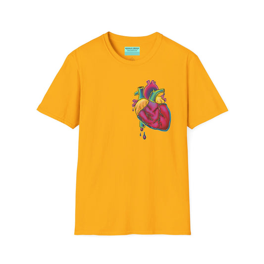 Yellow unisex short sleeve t-shirt featuring a bold neon anatomical heart front and off-center, complete with dripping blood vessels—because nothing says “wear your heart on your sleeve” like wearing it smack on your chest in highlighter tones.
