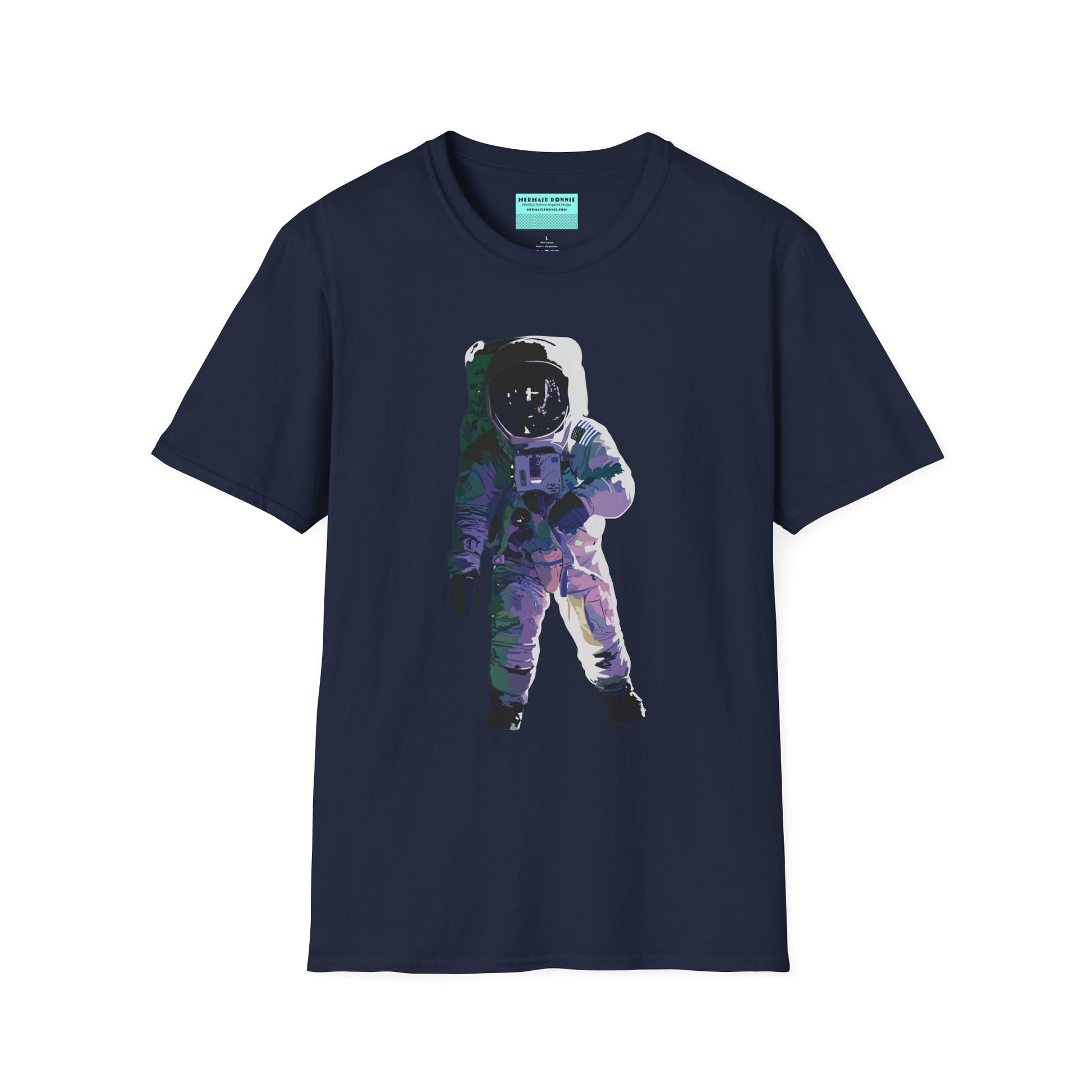 Navy t-shirt featuring a drawing of an astronaut in a space suit.