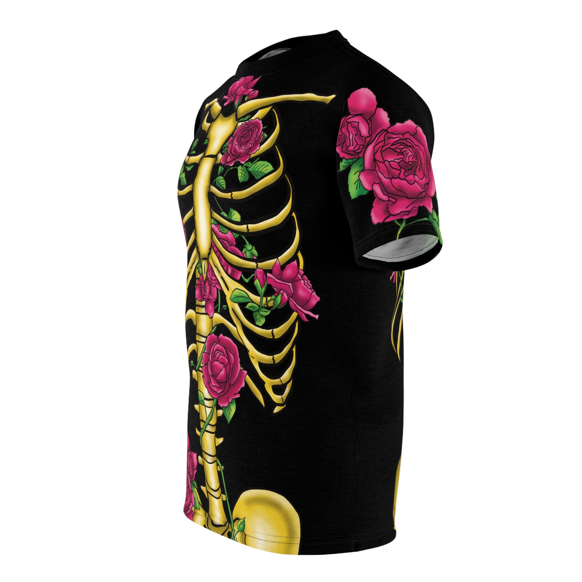 Left side view of a unisex black athletic t-shirt featuring a gold anatomical skeleton adorned with blooming pink roses—because strength and beauty aren't mutually exclusive, and your bones deserve to blossom.