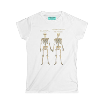 Women’s t-shirt in white with two skeletons side by side. The first is labeled 'Normal' and the second is labeled 'Ehlers-Danlos Syndrome,' visually illustrating the skeletal effects of EDS.