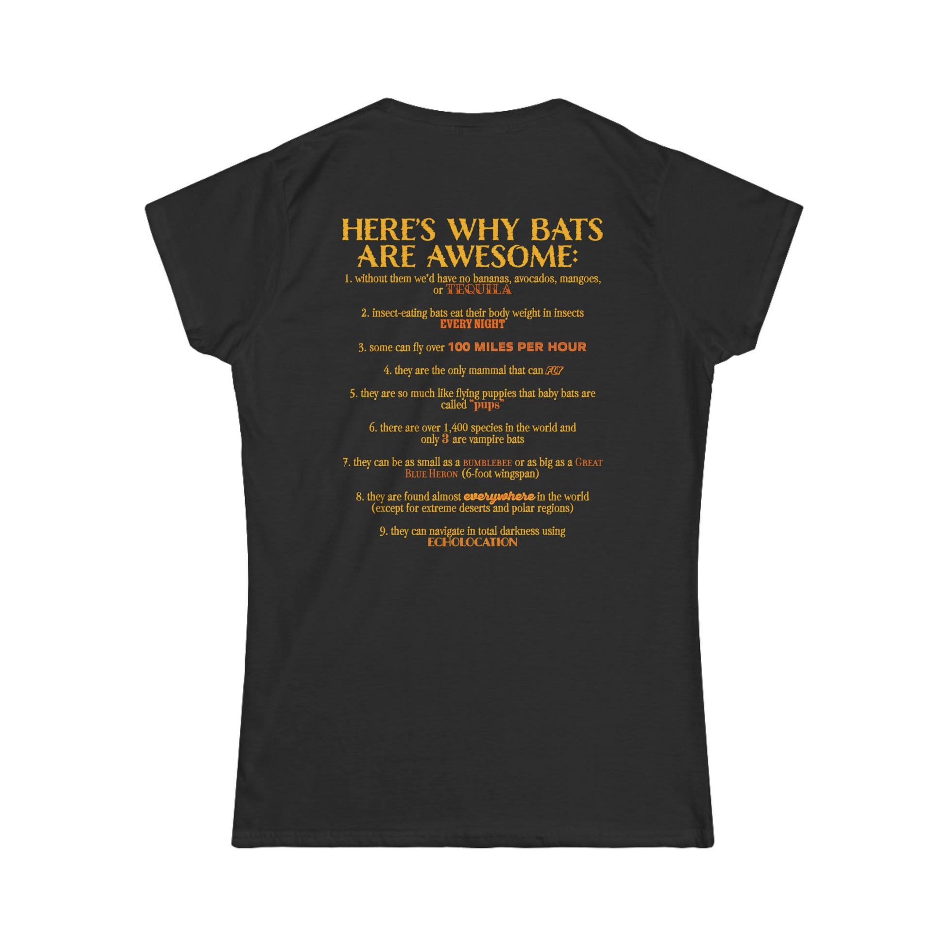Back of a women’s t-shirt in black, with the heading 'Here’s why bats are awesome' followed by a list of nine bat facts printed beneath it.