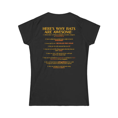 Back of a women’s t-shirt in black, with the heading 'Here’s why bats are awesome' followed by a list of nine bat facts printed beneath it.