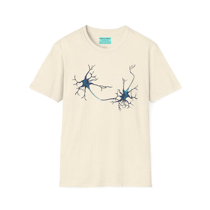 Beige t-shirt featuring an illustration of two blue neurons extending toward each other and forming a synapse across the front.