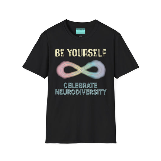 Black t-shirt featuring a pastel-colored rainbow infinity symbol, with the text 'Be yourself, celebrate neurodiversity'.