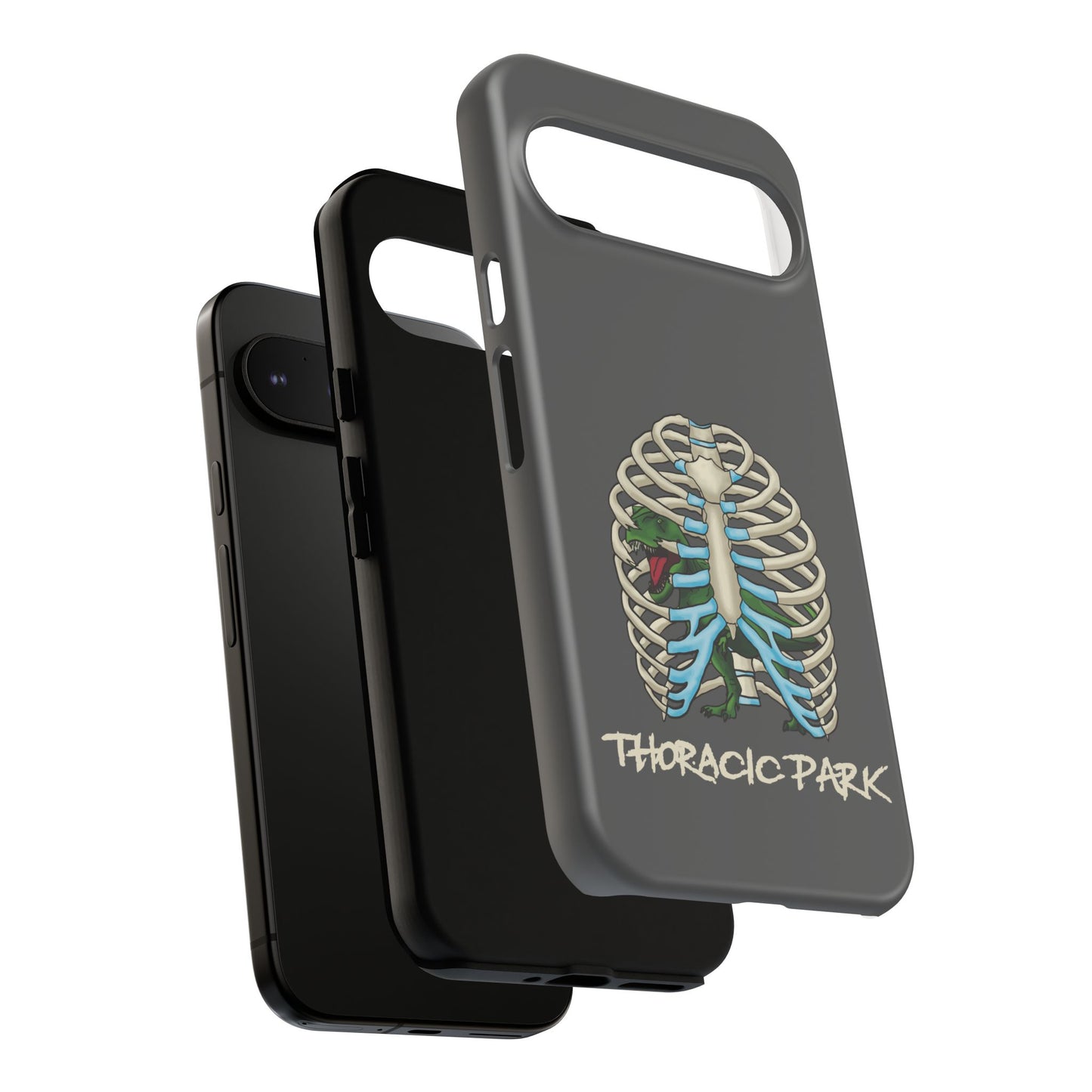 Thoracic Park Phone Case, Dinosaur In Rib Cage Anatomy Pun, Grey Protective Cover for iPhone, Google Pixel, Samsung Galaxy