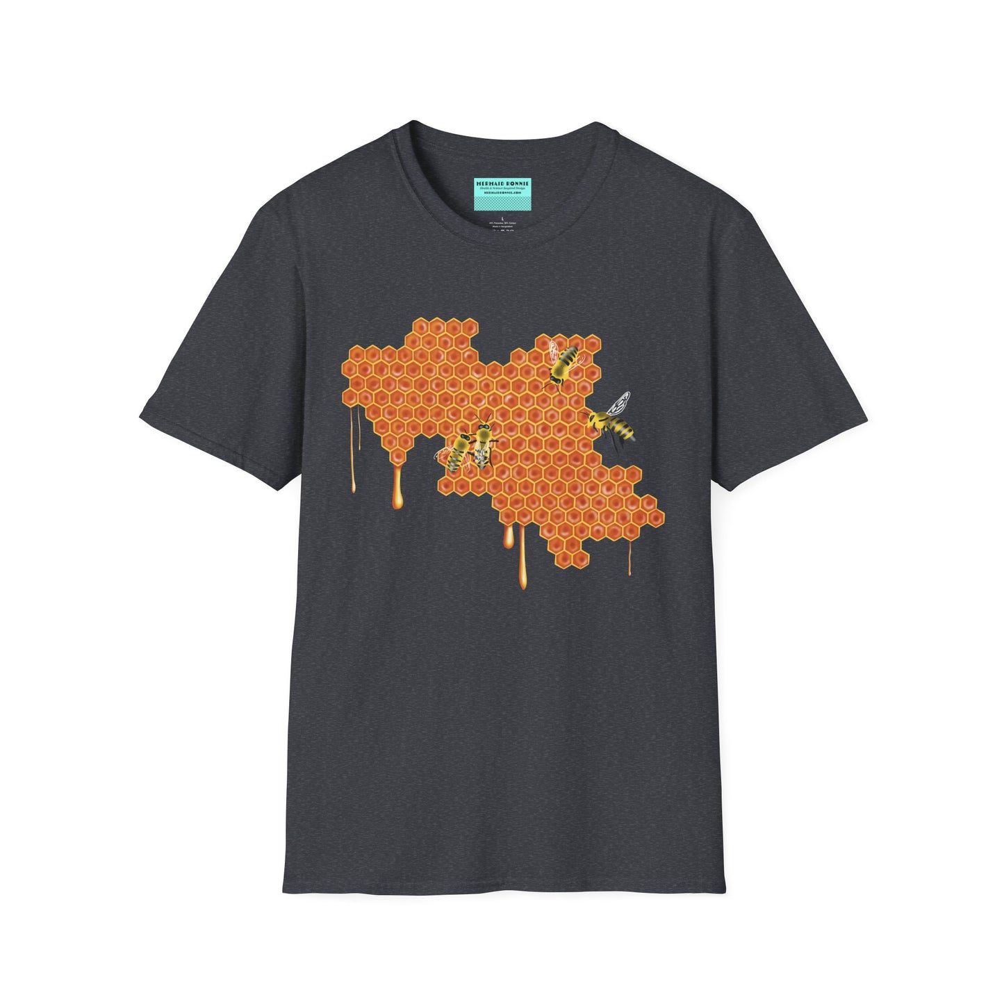 Dark grey t-shirt featuring a picture of honeybees buzzing around a large piece of honeycomb with honey dripping down from it.