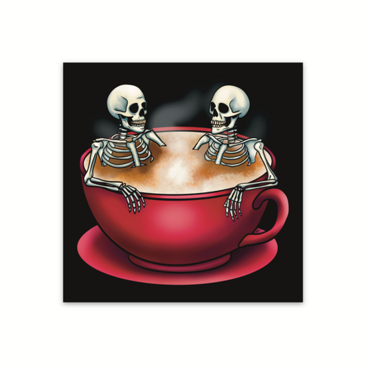Spooky Skeletons in Coffee Cup Sticker, Gothic Halloween Skeletons Hot-Tubbing in a Cup of Coffee