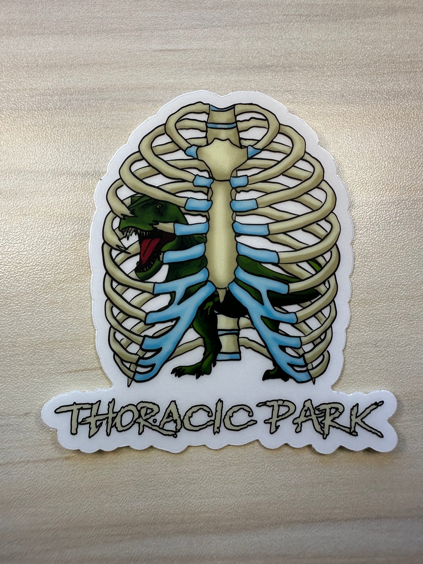 Thoracic Park Vinyl Sticker, T-Rex in Ribcage Decal, Dinosaur in Thorax, Chiropractor Sticker, Orthopedic Sticker