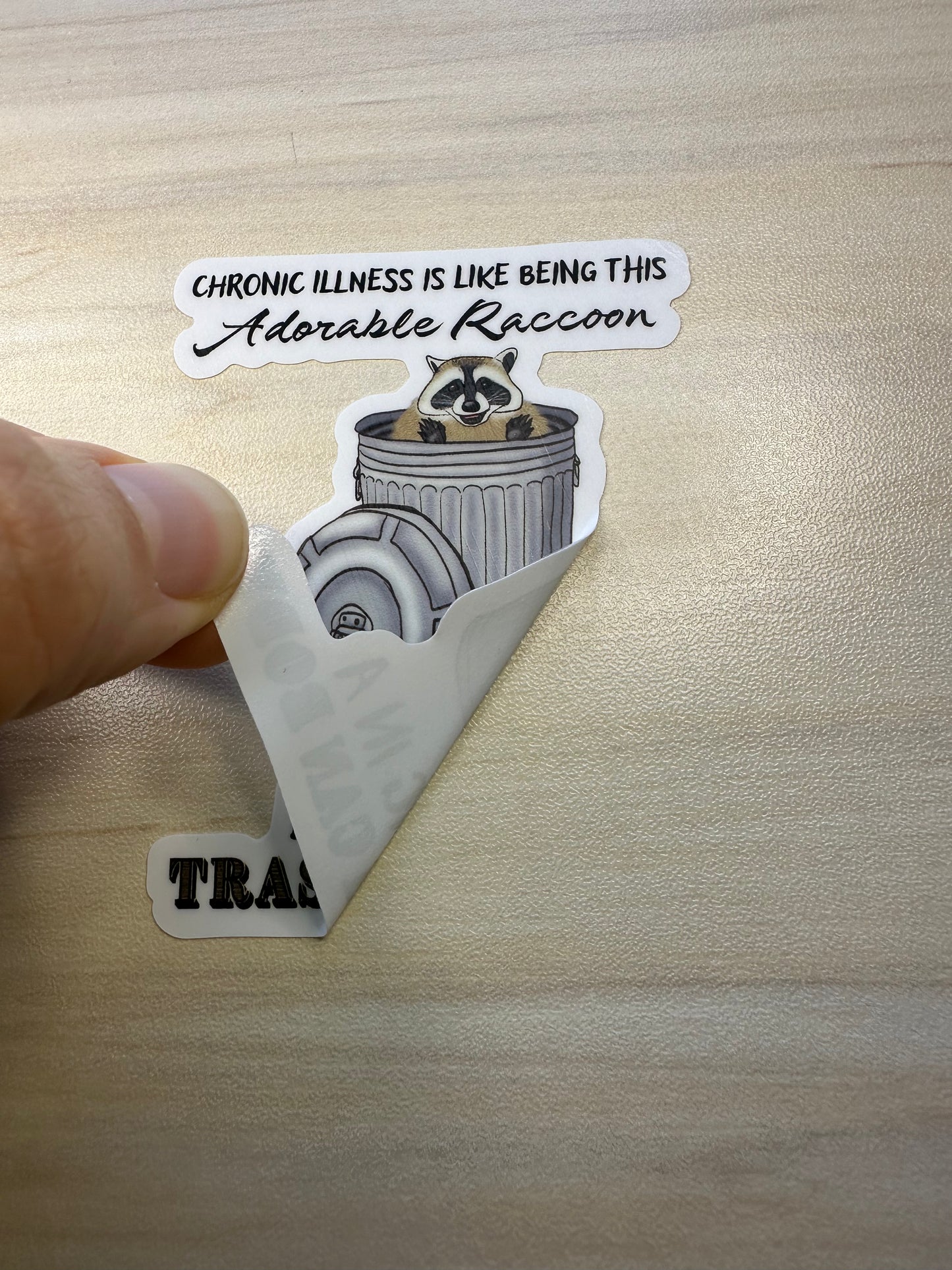 Funny Chronic Illness Vinyl Sticker, Raccoon in Trash Can Design, Invisible Illness Joke