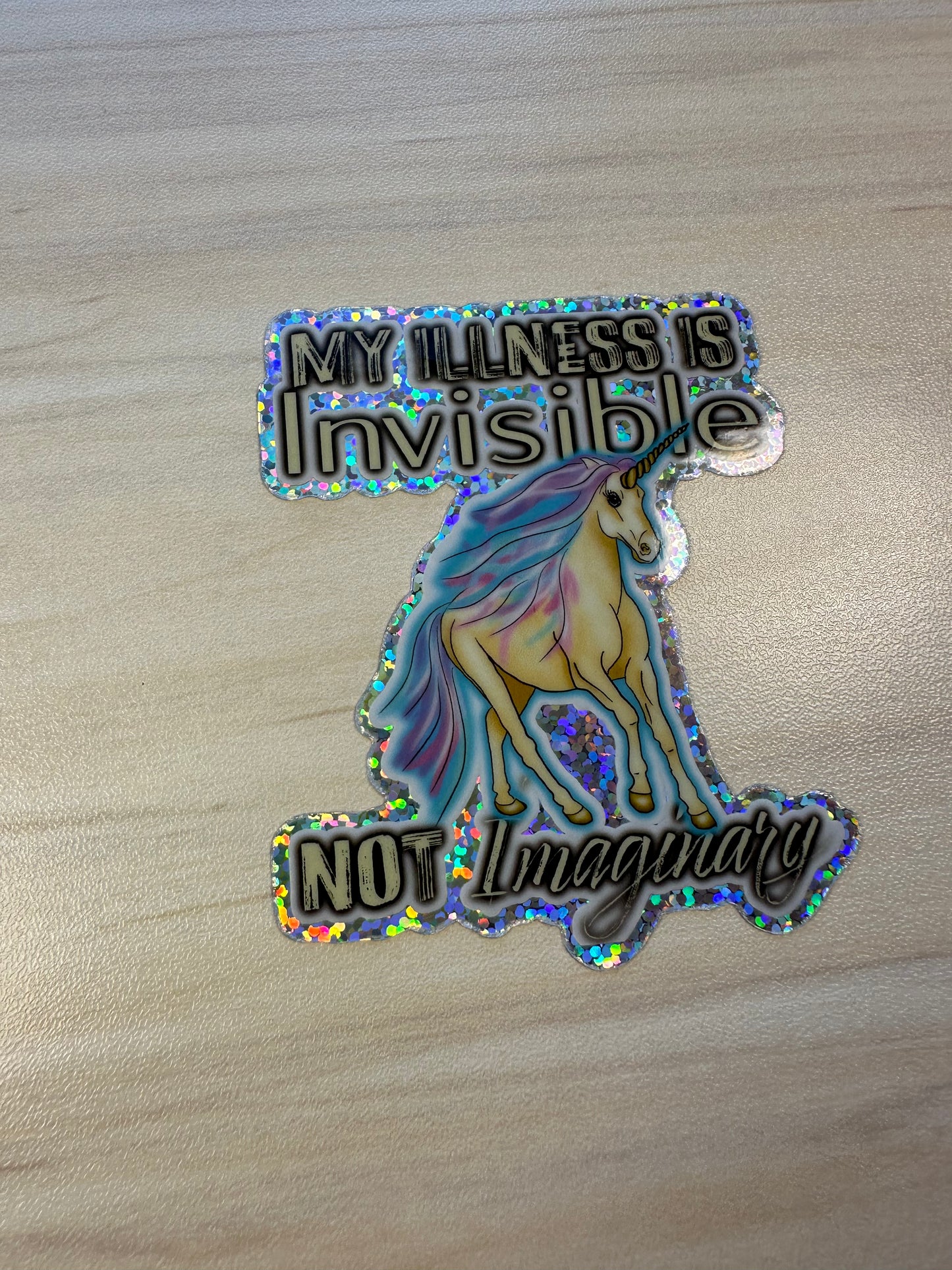 Invisible Illness Unicorn Glitter Sticker, Funny Invisible Disability Vinyl Decal, Pastel Unicorn Glitter Sticker