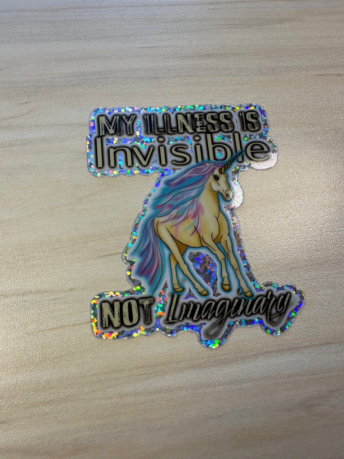 Invisible Illness Unicorn Glitter Sticker, Funny Invisible Disability Vinyl Decal, Pastel Unicorn Glitter Sticker