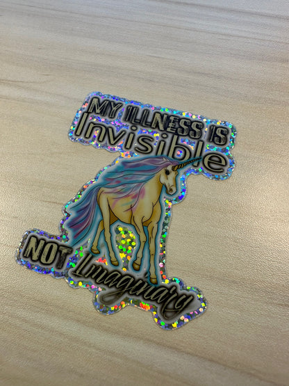 Invisible Illness Unicorn Glitter Sticker, Funny Invisible Disability Vinyl Decal, Pastel Unicorn Glitter Sticker