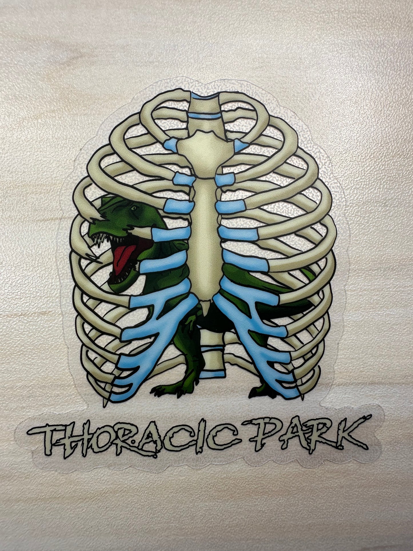 Thoracic Park Vinyl Sticker, T-Rex in Ribcage Decal, Dinosaur in Thorax, Chiropractor Sticker, Orthopedic Sticker