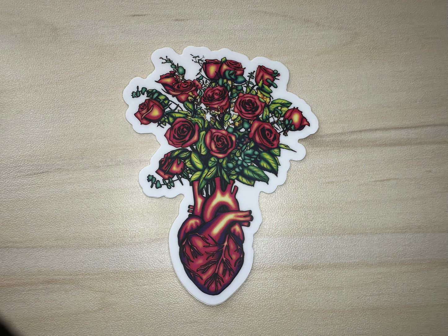 Anatomical Heart with Roses Sticker, Cardiology Vinyl Decal, Gothic Romance, Anatomy Sticker