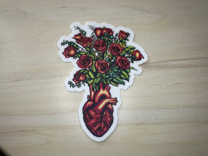 Anatomical Heart with Roses Sticker, Cardiology Vinyl Decal, Gothic Romance, Anatomy Sticker