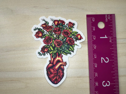 Anatomical Heart with Roses Sticker, Cardiology Vinyl Decal, Gothic Romance, Anatomy Sticker
