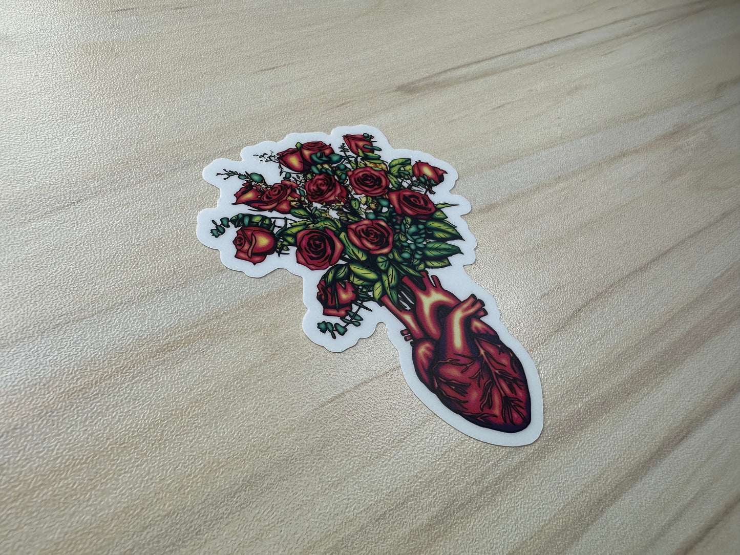 Anatomical Heart with Roses Sticker, Cardiology Vinyl Decal, Gothic Romance, Anatomy Sticker