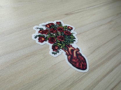 Anatomical Heart with Roses Sticker, Cardiology Vinyl Decal, Gothic Romance, Anatomy Sticker