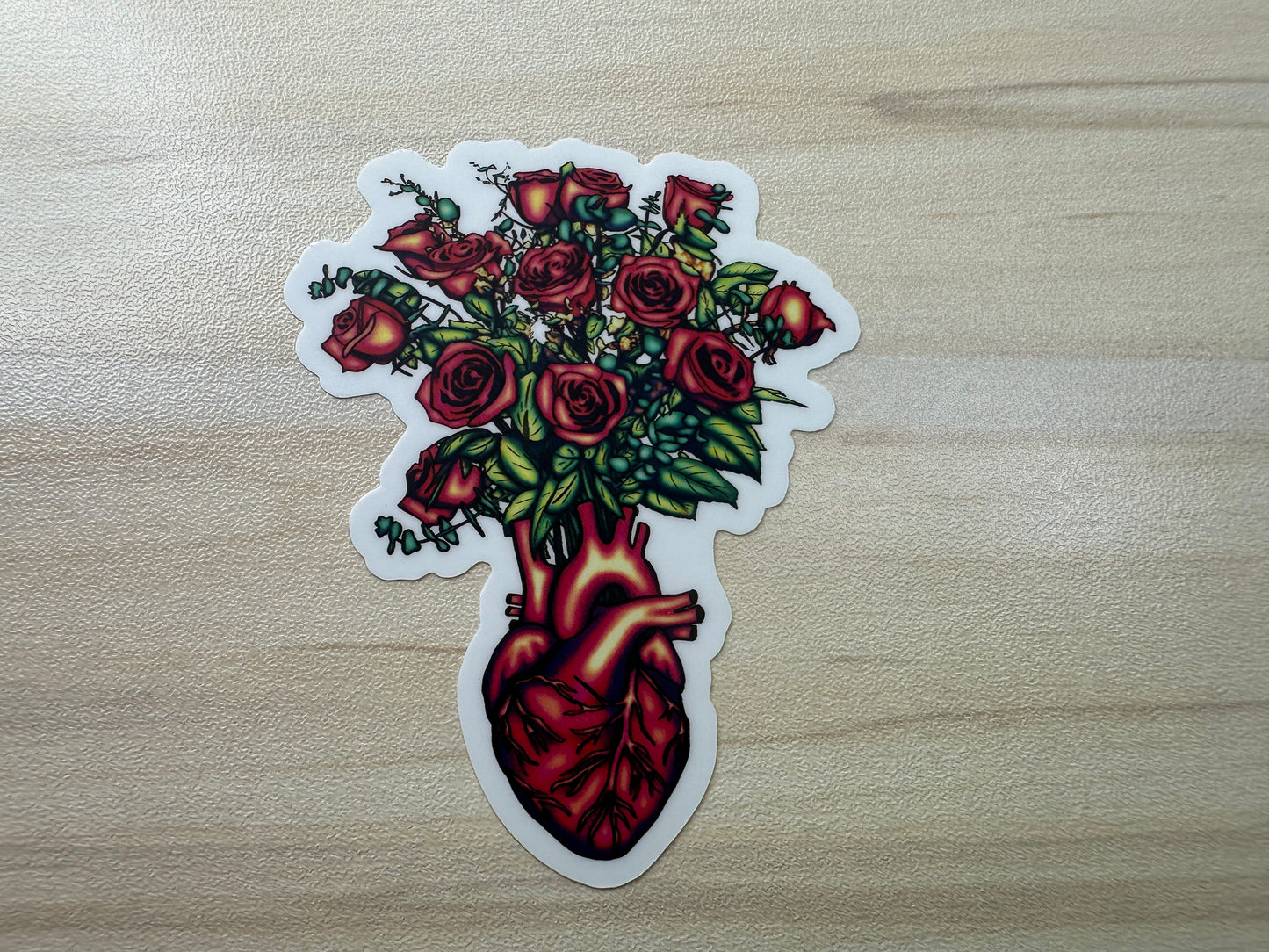 Anatomical Heart with Roses Sticker, Cardiology Vinyl Decal, Gothic Romance, Anatomy Sticker