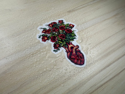 Anatomical Heart with Roses Sticker, Cardiology Vinyl Decal, Gothic Romance, Anatomy Sticker
