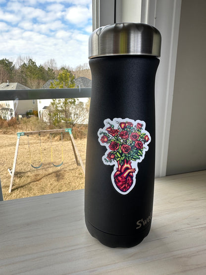Anatomical Heart with Roses Sticker, Cardiology Vinyl Decal, Gothic Romance, Anatomy Sticker