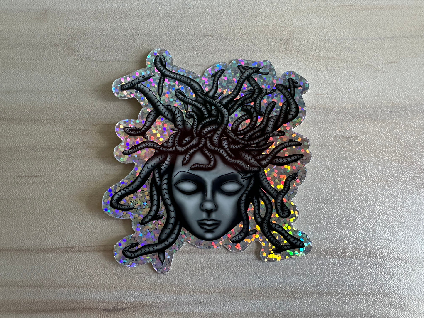 Medusa Glitter Sticker, Greek Mythology Vinyl Decal, Black and Silver Sticker, Snake Hair
