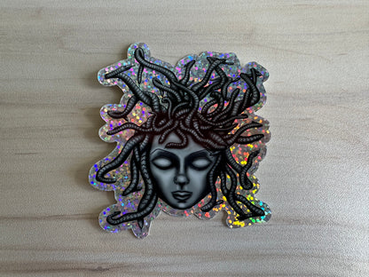 Medusa Glitter Sticker, Greek Mythology Vinyl Decal, Black and Silver Sticker, Snake Hair