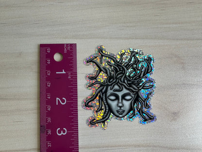 Medusa Glitter Sticker, Greek Mythology Vinyl Decal, Black and Silver Sticker, Snake Hair