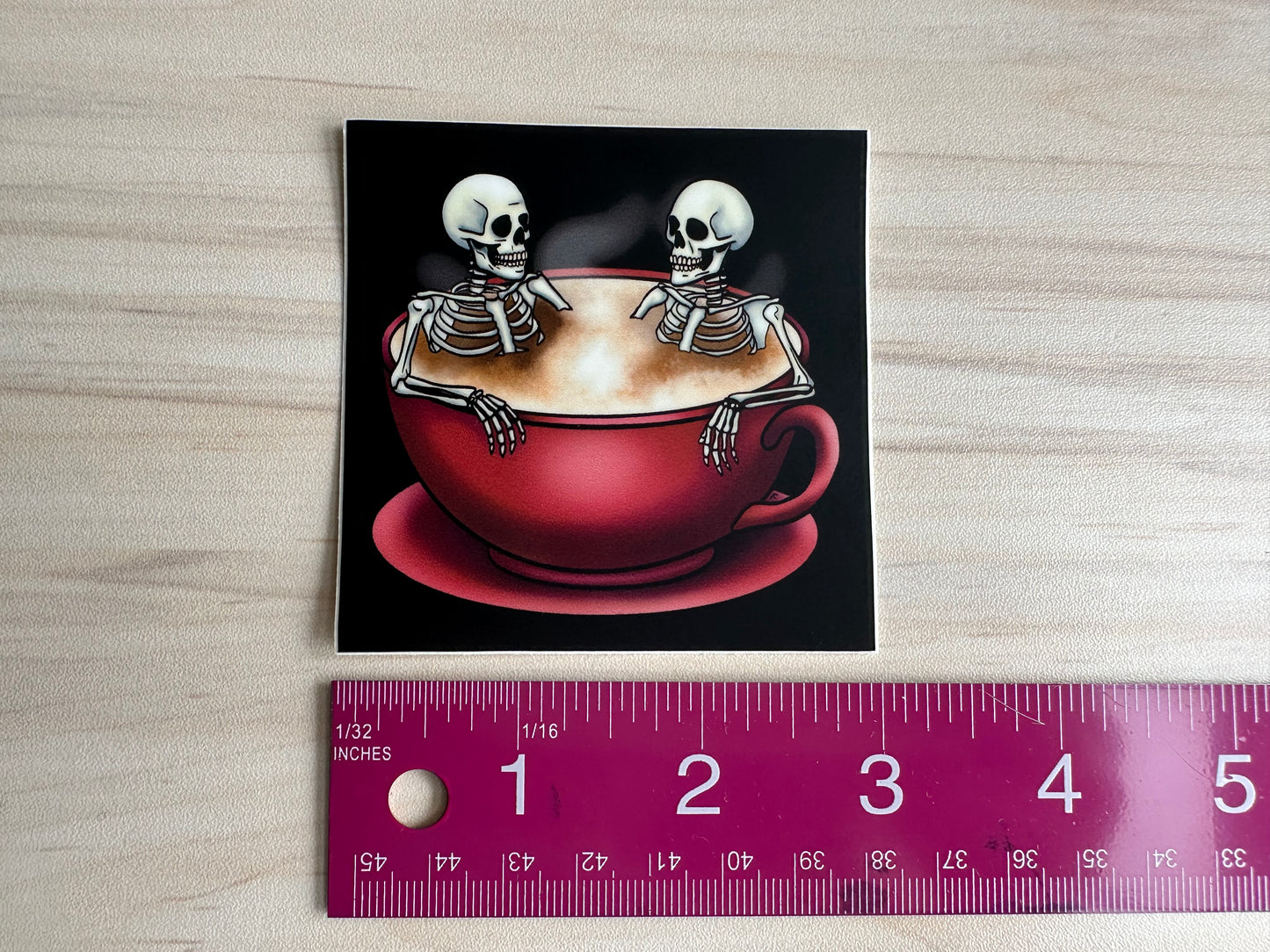Spooky Skeletons in Coffee Cup Sticker, Gothic Halloween Skeletons Hot-Tubbing in a Cup of Coffee