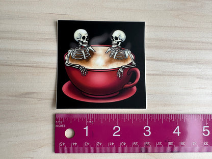 Spooky Skeletons in Coffee Cup Sticker, Gothic Halloween Skeletons Hot-Tubbing in a Cup of Coffee
