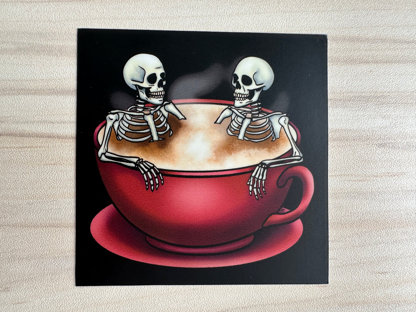 Spooky Skeletons in Coffee Cup Sticker, Gothic Halloween Skeletons Hot-Tubbing in a Cup of Coffee