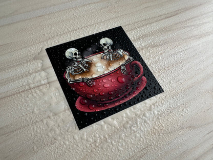 Spooky Skeletons in Coffee Cup Sticker, Gothic Halloween Skeletons Hot-Tubbing in a Cup of Coffee