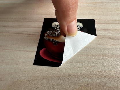 Spooky Skeletons in Coffee Cup Sticker, Gothic Halloween Skeletons Hot-Tubbing in a Cup of Coffee