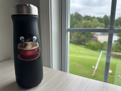 Spooky Skeletons in Coffee Cup Sticker, Gothic Halloween Skeletons Hot-Tubbing in a Cup of Coffee